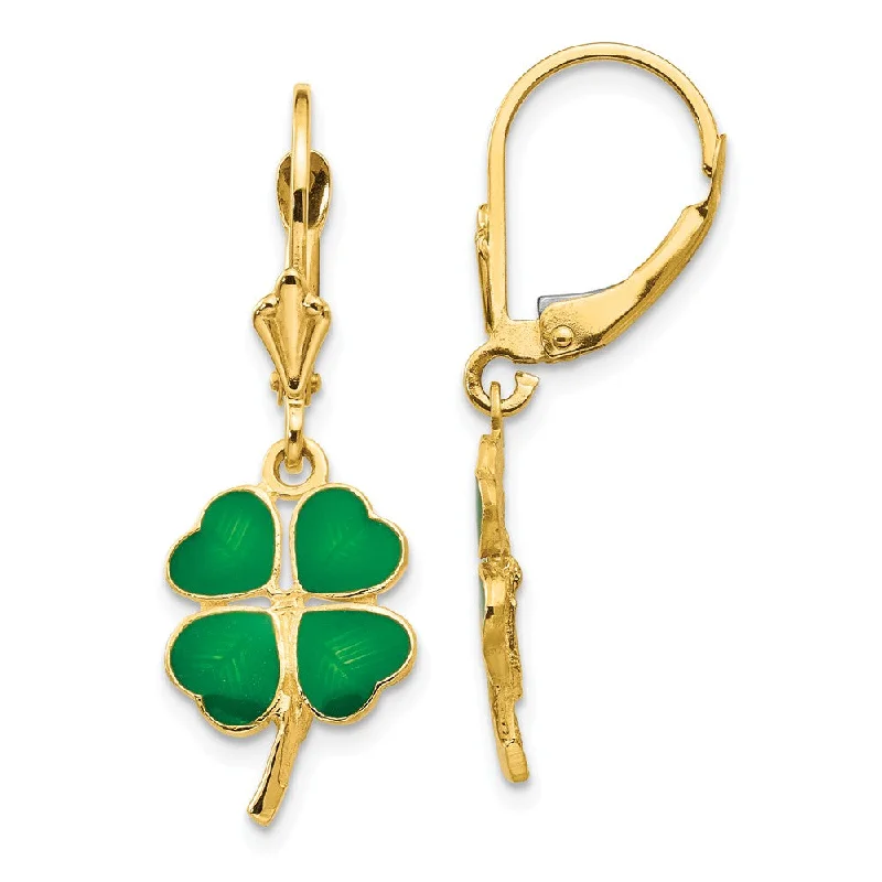 Fashion Earrings for Teens-Green 4-Leaf Clover Lever Back Earrings in 14k Yellow Gold and Enamel