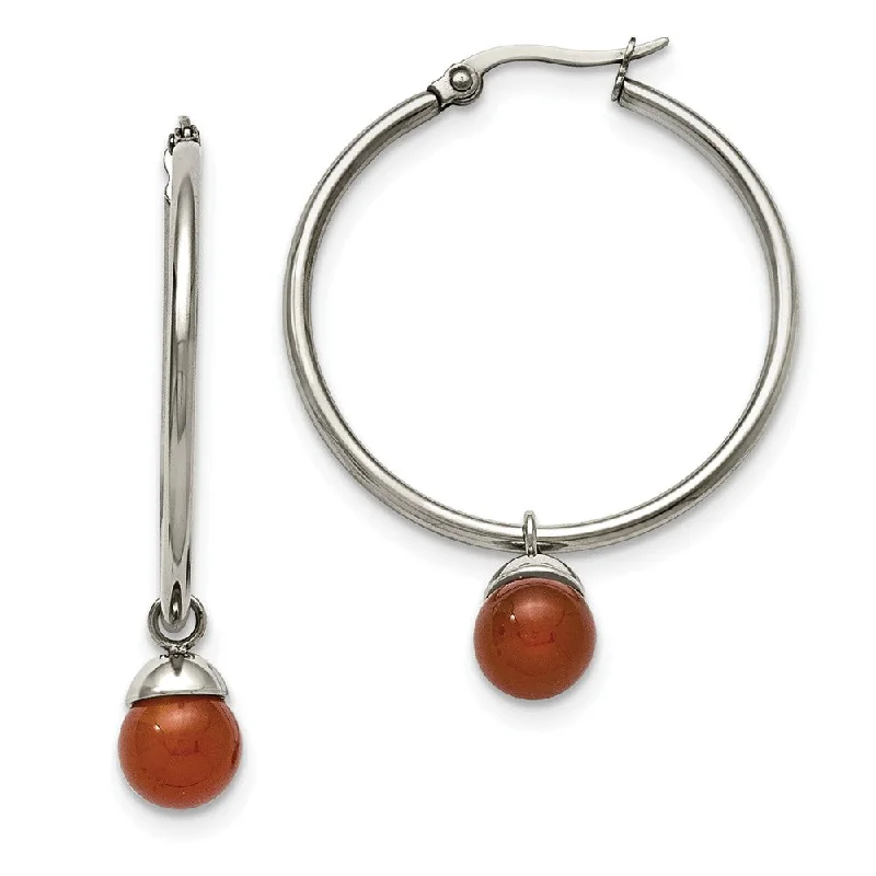 Eye-Catching Earrings-Red Agate Bead Drop Round Hoop Earrings in Stainless Steel - 35mm