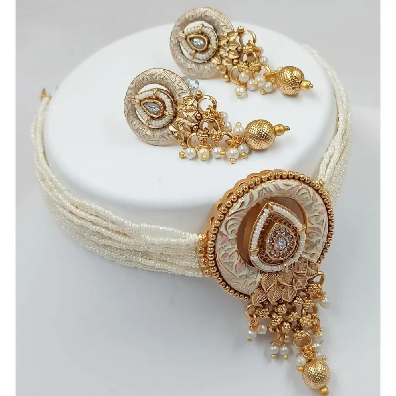 Wedding Gold Necklaces-Akruti Collection Gold Plated Meenakari Pearls Choker Necklace Set