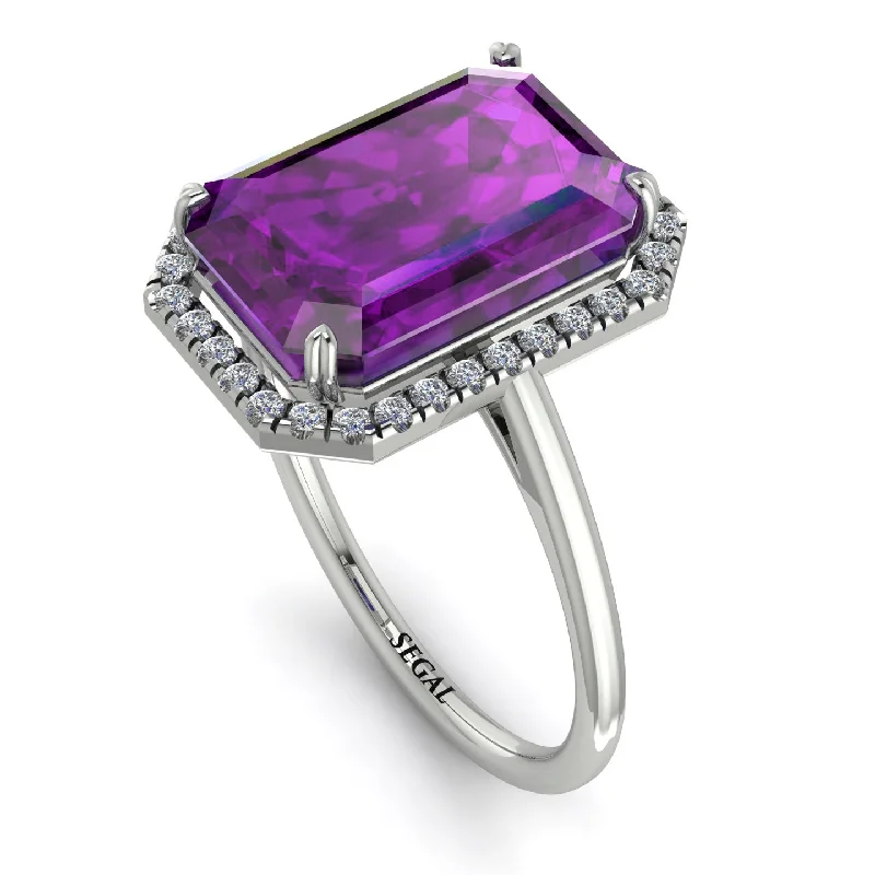 Handcrafted Gold Rings-Halo Emerald Cut Amethyst Engagement Ring - Izabella No. 303