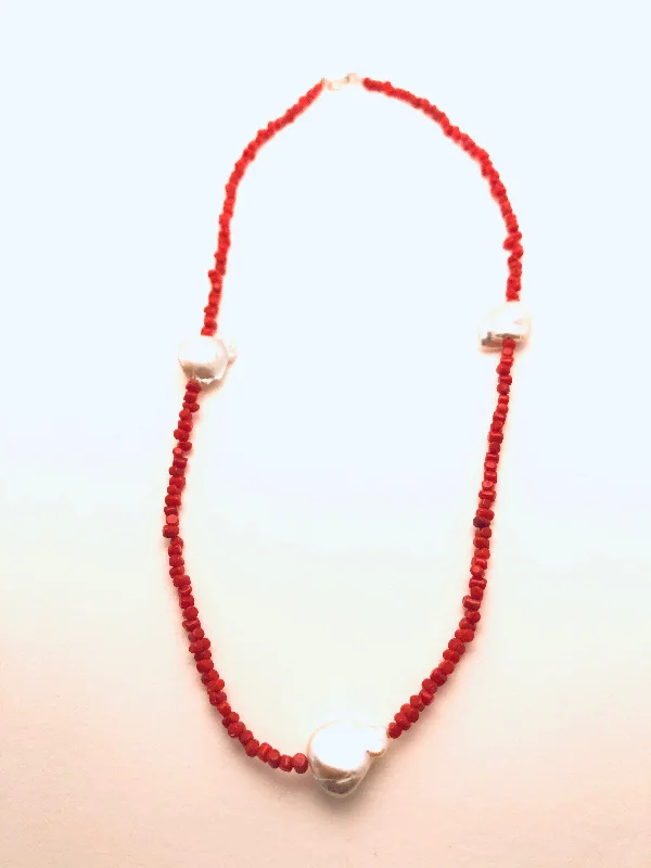 Artistic Silver Necklaces-Meditteranean Coral and Baroque Fresh Water Pearls