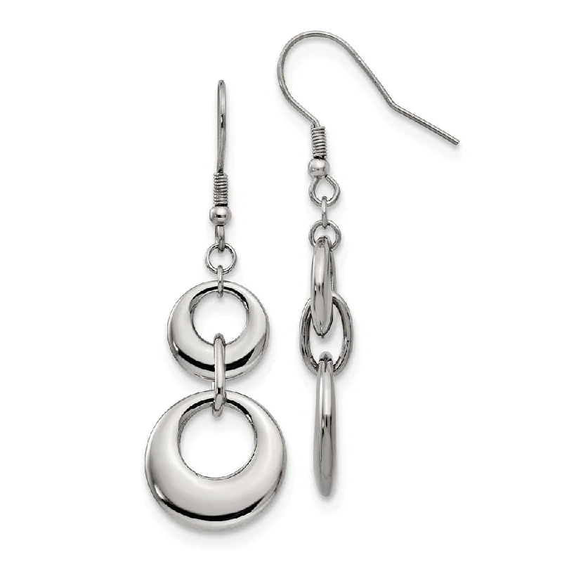 Silver Dangle Earrings-Polished Puffed Double Circle Dangle Earrings in Stainless Steel