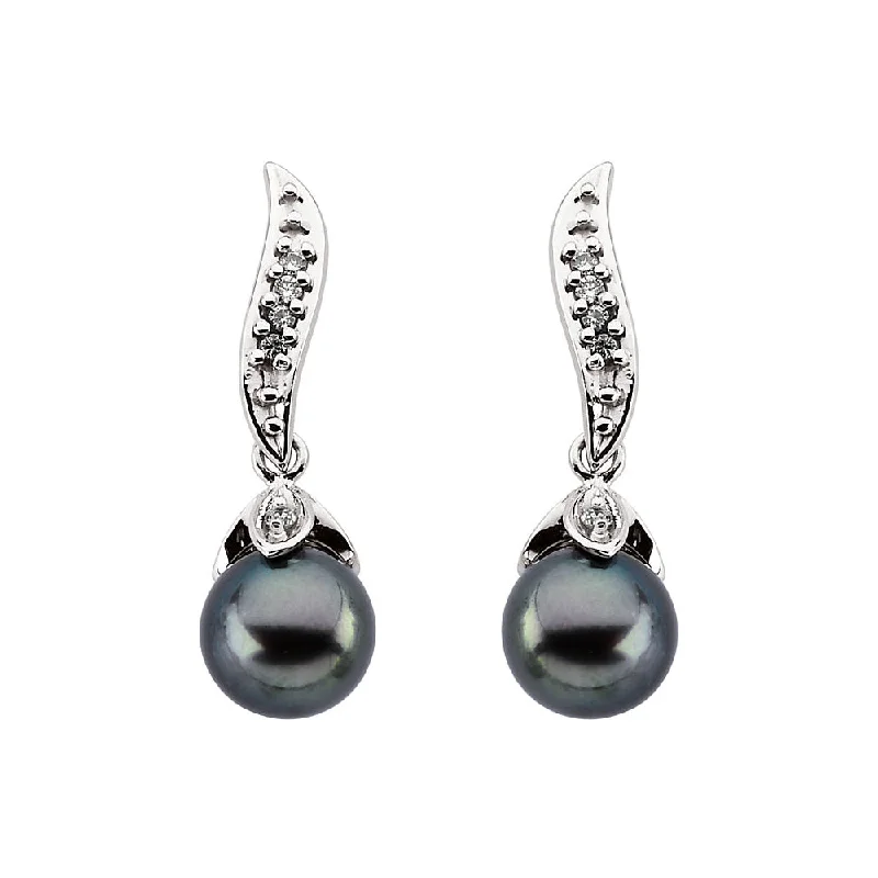 Ethnic Earrings for Women-Black Akoya Cultured Pearl & Diamond Dangle Earrings in 14k White Gold