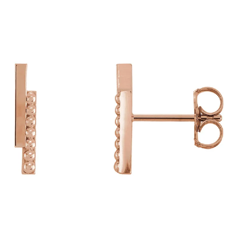 Fine Gold Earrings-2.3 x 12mm (7/16 Inch) 14k Rose Gold Polished & Beaded Bar Earrings