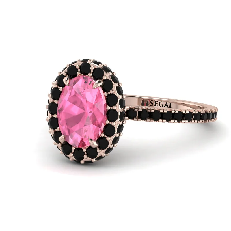 Fashionable Rings for Women-Oval Pink Moissanite Halo Hidden Black Diamonds Ring - Amy No. 808