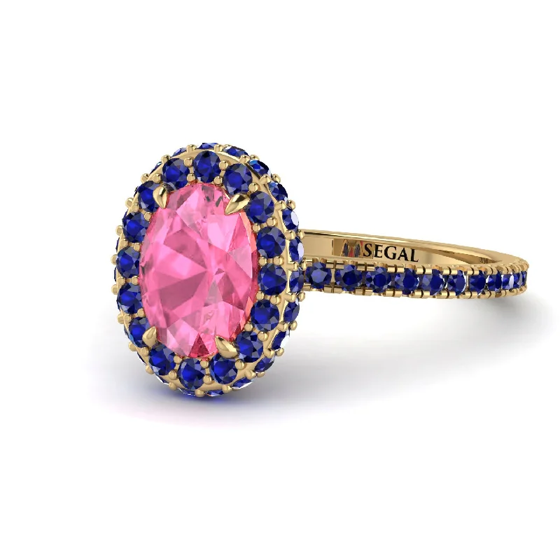 Handcrafted Gold Rings-Oval Pink Moissanite Halo Hidden Sapphires Ring - Amy No. 813