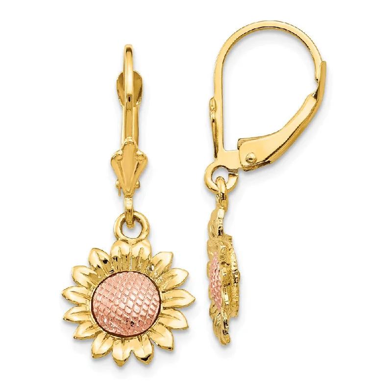 Trendy Wedding Earrings-Two Tone Sunflower Lever Back Earrings in 14k Yellow and Rose Gold