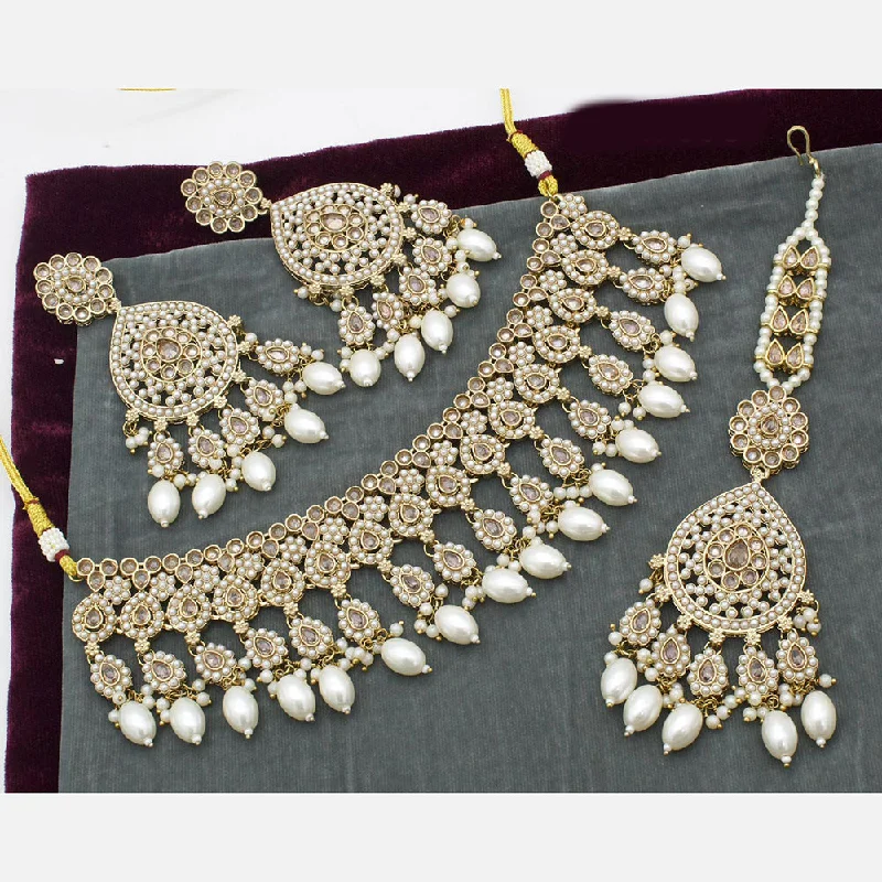 Trendy Gold Pendant Necklaces-India Art Gold Plated Pota Stone And Pearl Necklace Set