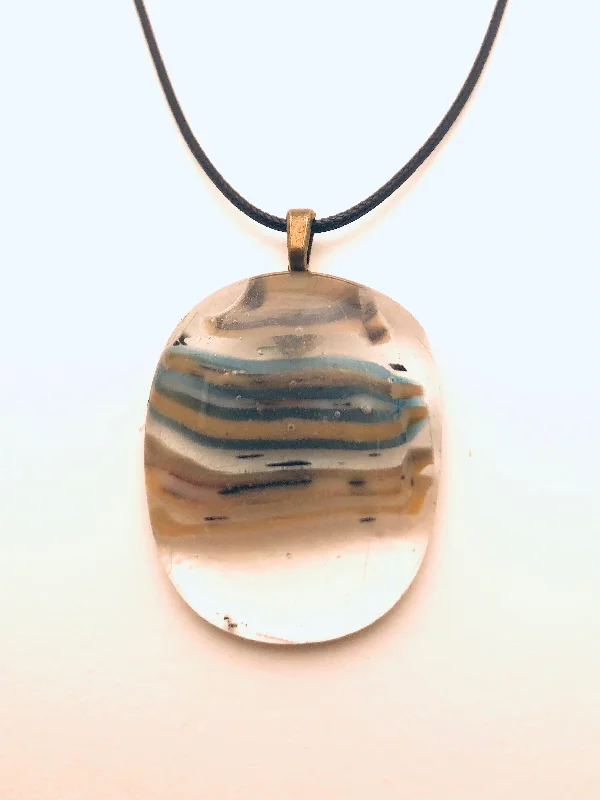 Custom Silver Necklaces-Necklace with fused Glass Pendant, large Pendant, oval, clear with stripes