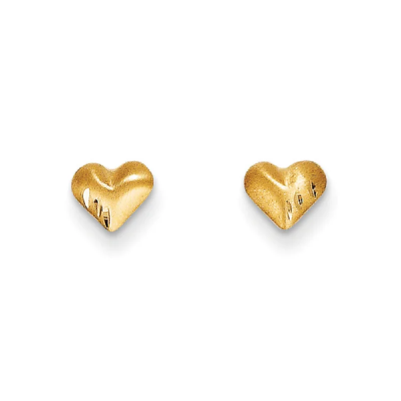 Long Drop Earrings-Kids 14k Yellow Gold Small Satin and Diamond-Cut Puffed Heart Earrings