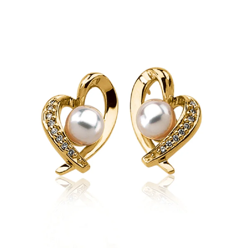 Large Gemstone Earrings-Akoya Cultured Pearl, 1/6 Ctw Diamond & 14k Yellow Gold Heart Earrings