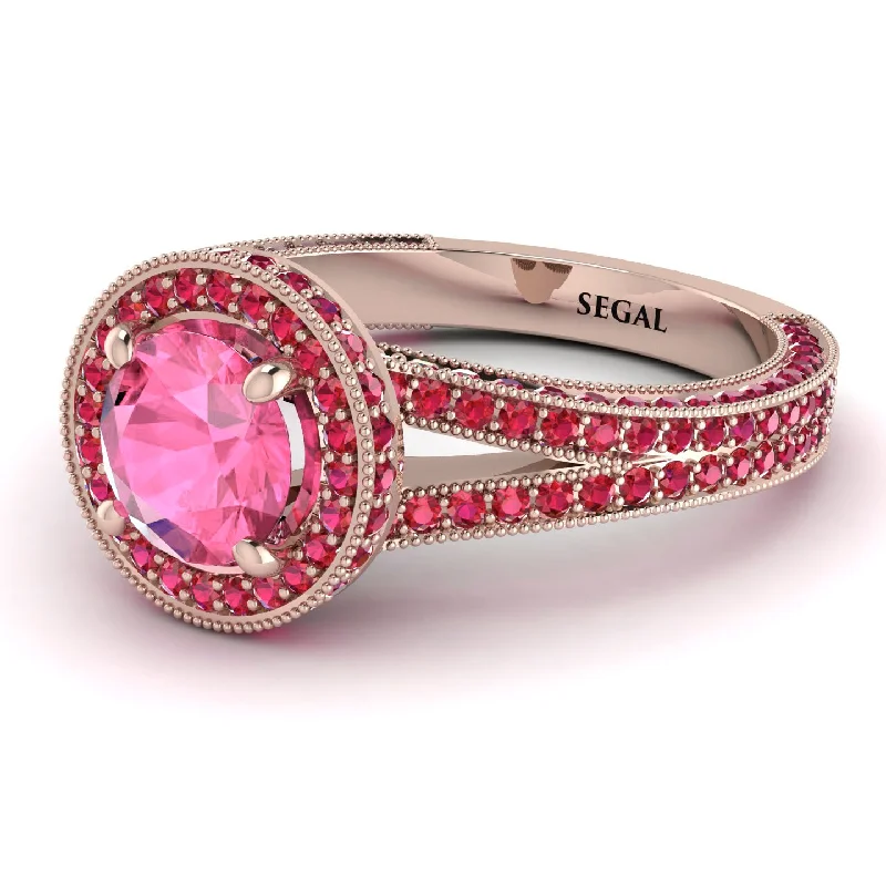 Matching Gold Wedding Rings-Milgrain Round Pink Moissanite Engagement Ring - Payton No. 811