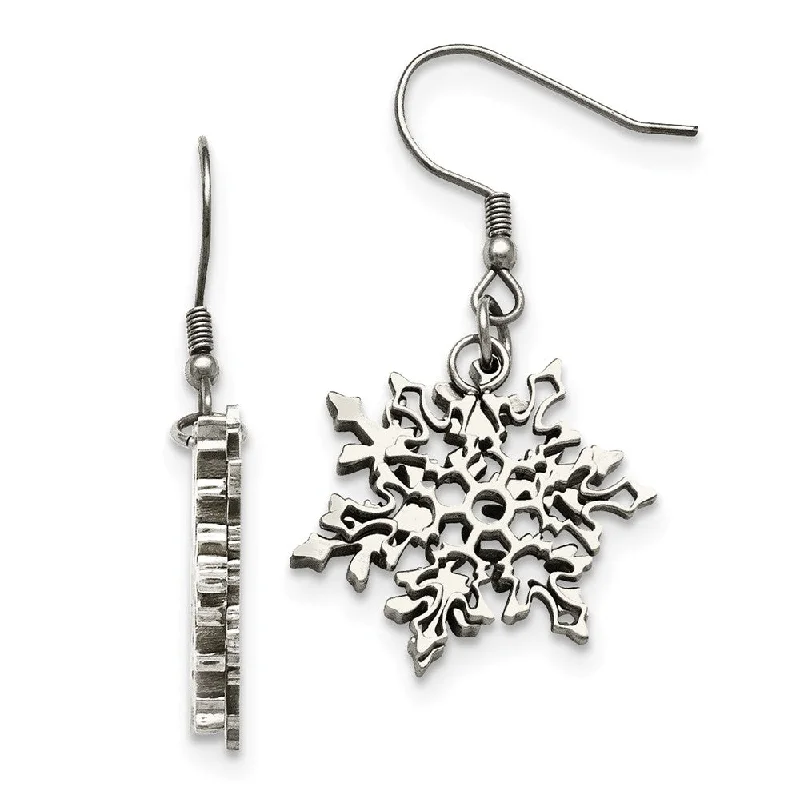 Long Statement Earrings-22mm Polished Snowflake Dangle Earrings in Stainless Steel