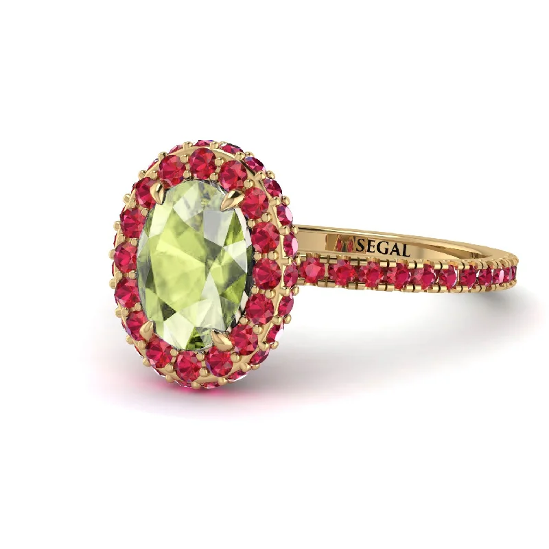 Elegant Engagement Rings-Oval Peridot Halo Hidden Rubies Ring - Amy No. 710