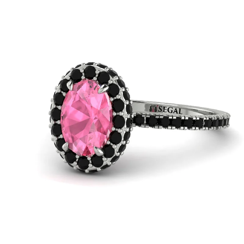 Luxury Diamond Wedding Rings-Oval Pink Moissanite Halo Hidden Black Diamonds Ring - Amy No. 809