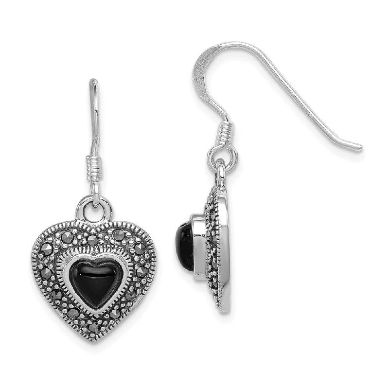 Ethnic Earrings for Women-13mm Onyx and Marcasite Heart Dangle Earrings in Sterling Silver