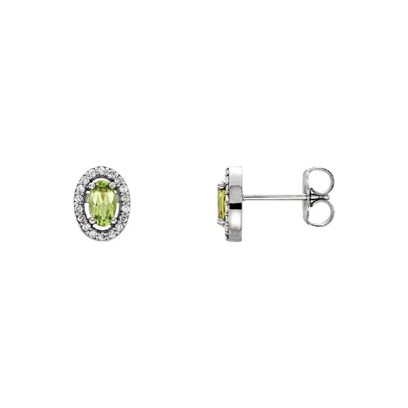 Trendy Pearl Earrings-Oval Peridot & Diamond Halo Earrings in 14k White Gold