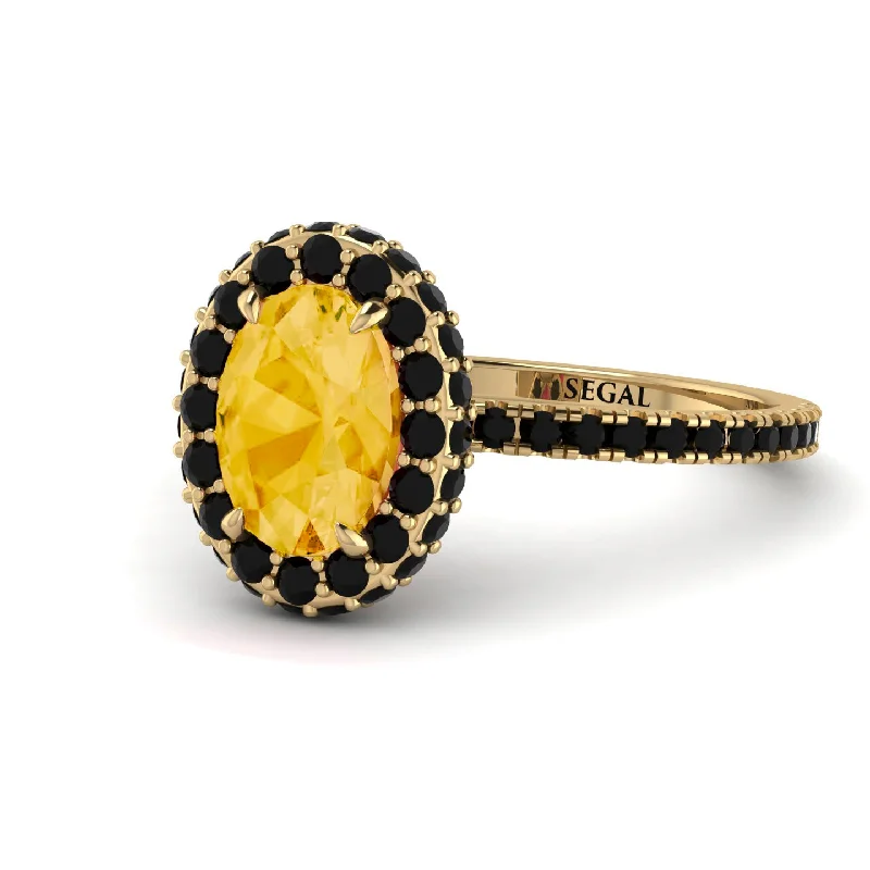 Fine Gold Rings-Oval Citrine Halo Hidden Black Diamonds Ring - Amy No. 607