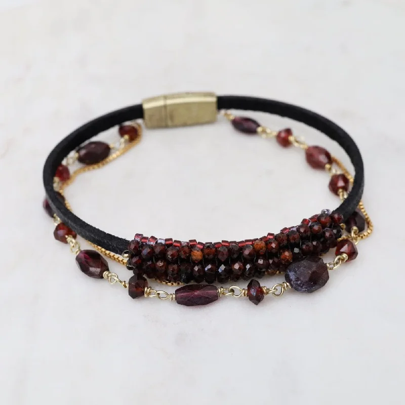 Simple Tennis Bracelets-Hand Stitched Garnet & Garnet Bead Chain Bracelet