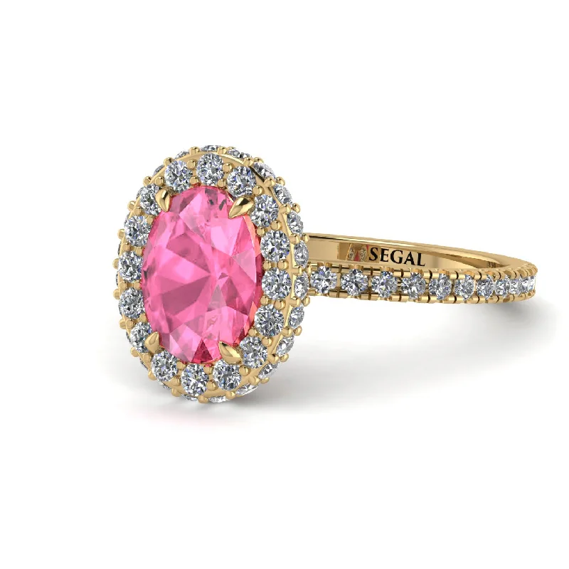 Silver and Gold Rings-Oval Pink Moissanite Halo Hidden Diamonds Ring - Amy No. 801