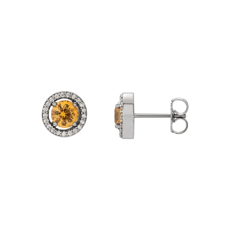 Sparkly Gold Earrings-8mm Halo Style Yellow Sapphire & Diamond Earrings in 14k White Gold