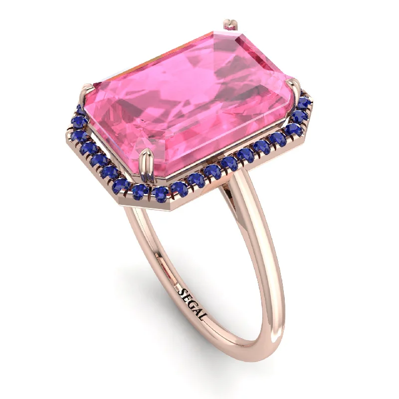 Bold Gemstone Rings-Halo Emerald Cut Pink Moissanite Engagement Ring - Izabella No. 814