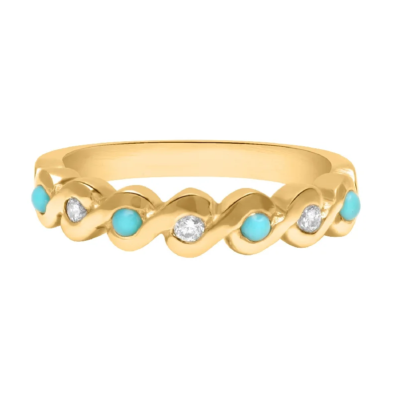 Custom Wedding Ring Sets-Turquoise and diamond wave ring