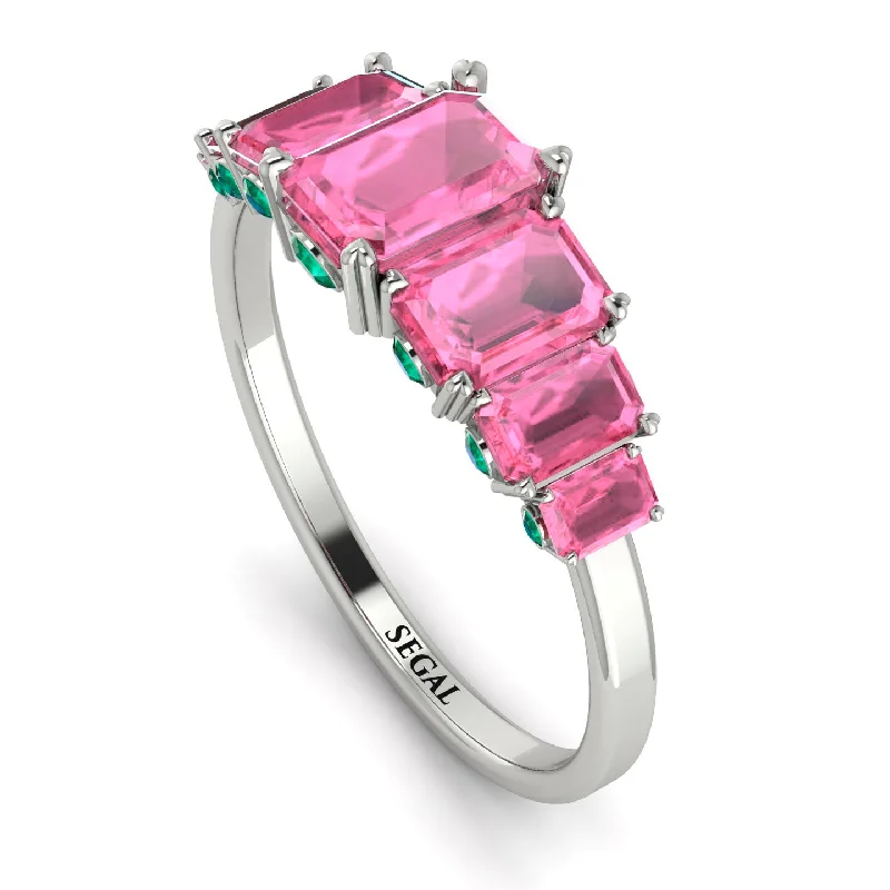 Stunning Gemstone Rings-Emerald Cut Pink Moissanite Ring With Hidden Emeralds - Brynlee No. 806