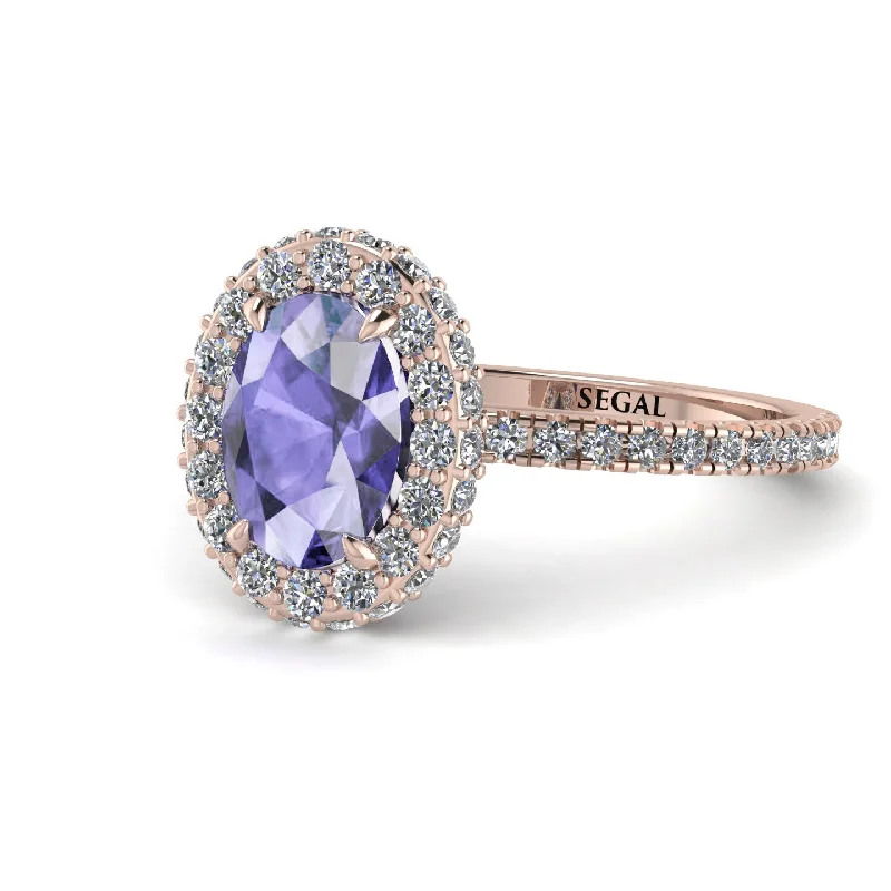 Bold Gemstone Rings-Oval Tanzanite Halo Hidden Diamonds Ring - Amy No. 202