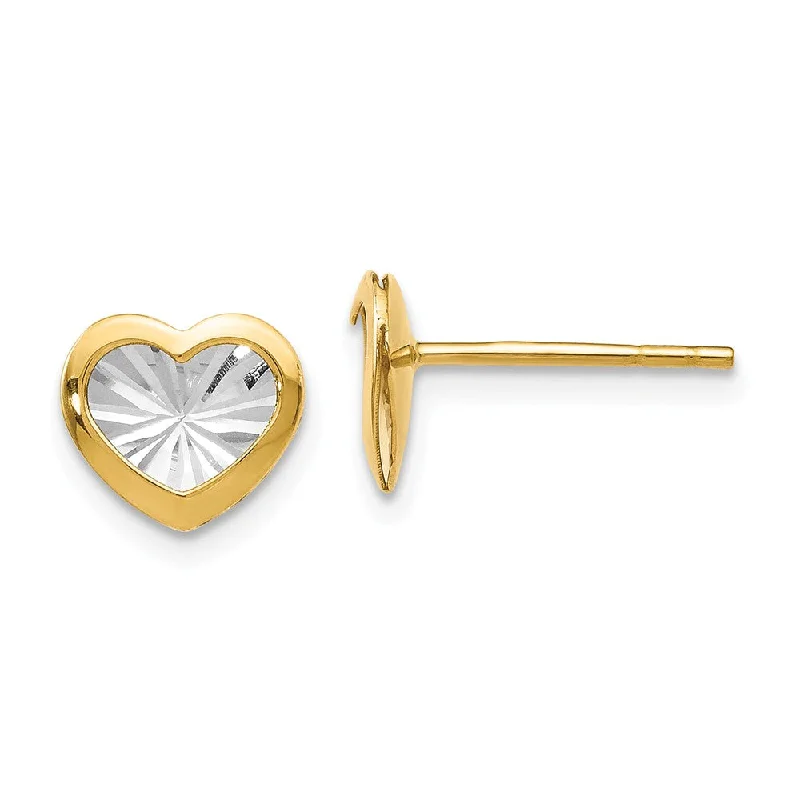 Vintage Pearl Earrings-8mm Diamond-Cut Heart Post Earrings in 14k Yellow Gold & White Rhodium