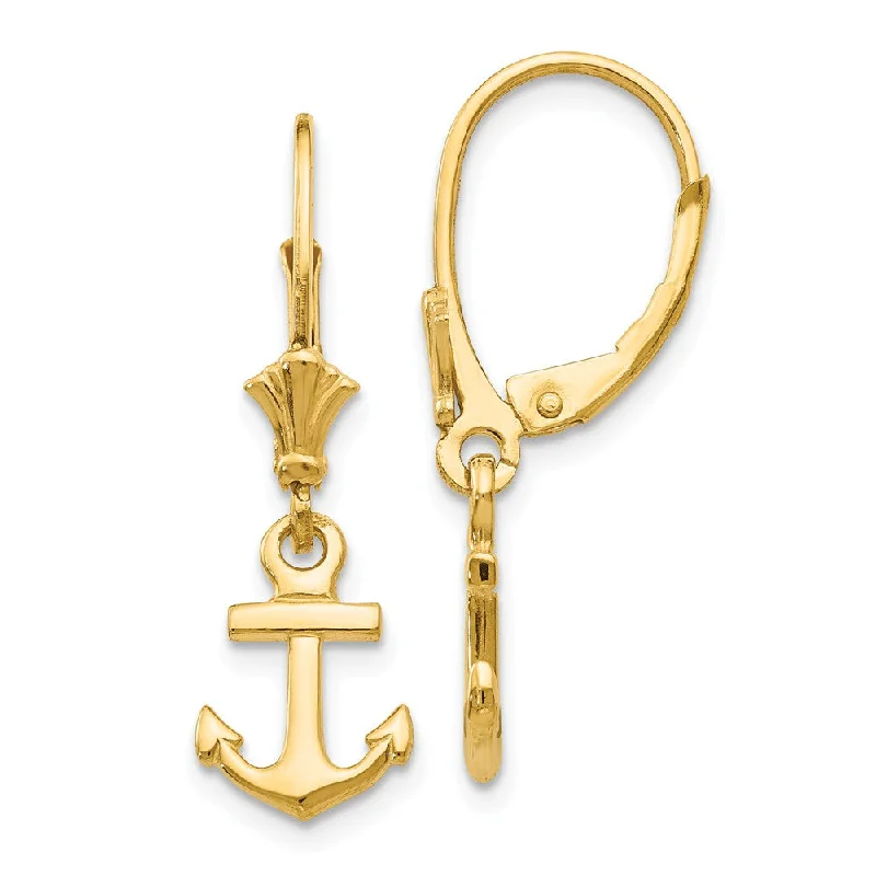 Elegant Silver Earrings-Petite Polished Anchor Lever Back Earrings in 14k Yellow Gold