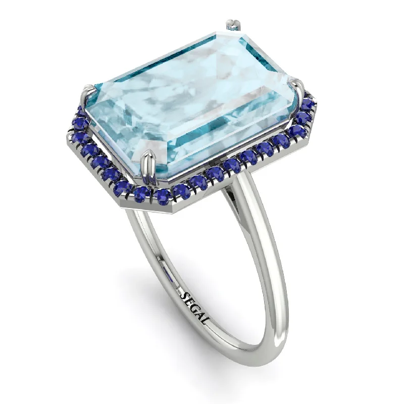 Classic Silver Engagement Rings-Halo Emerald Cut Aquamarine Engagement Ring - Izabella No. 415