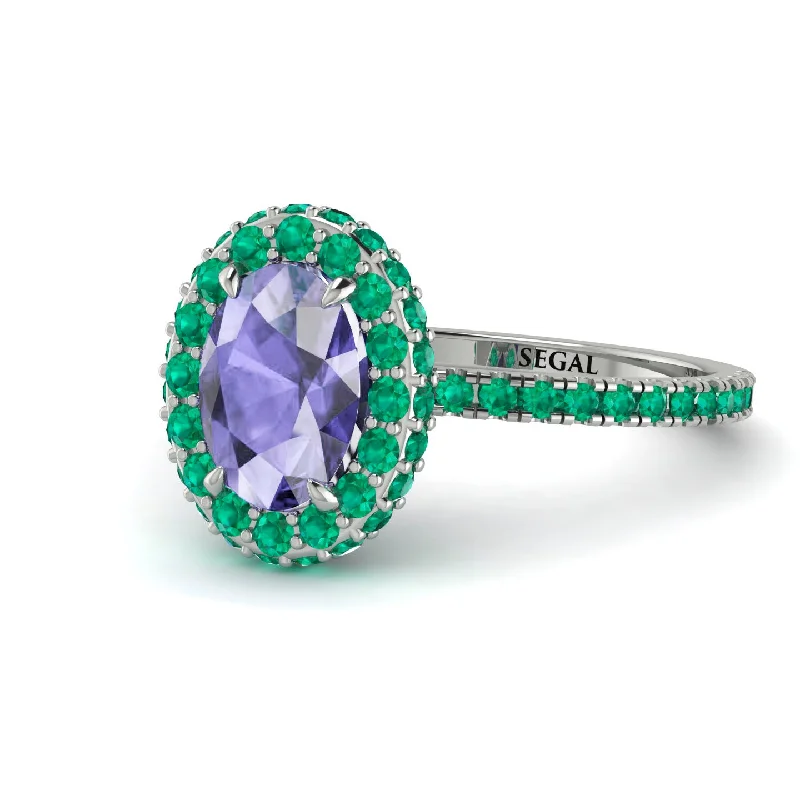 Modern Diamond Rings-Oval Tanzanite Halo Hidden Emeralds Ring - Amy No. 206