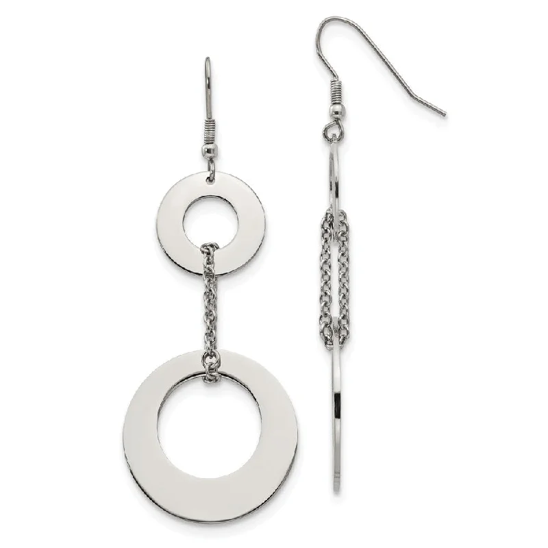 Pearls and Gold Earrings-Polished Double Circle Chain Dangle Earrings in Stainless Steel