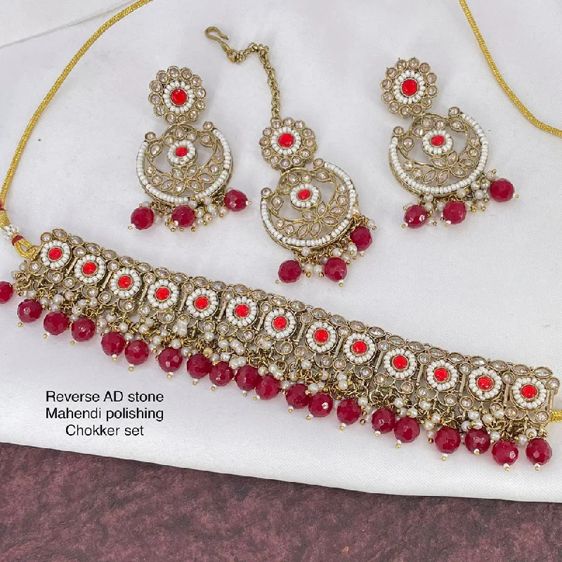 Dainty Necklaces for Women-India Art  Mehendi Antique Polishing AD Stone Necklace Set