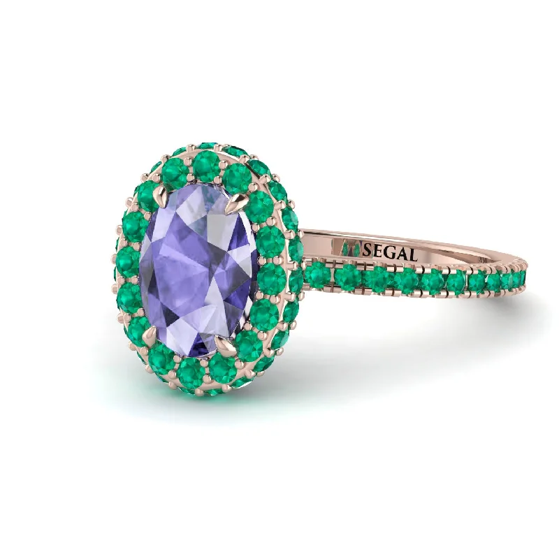 Trendy Wedding Bands-Oval Tanzanite Halo Hidden Emeralds Ring - Amy No. 205