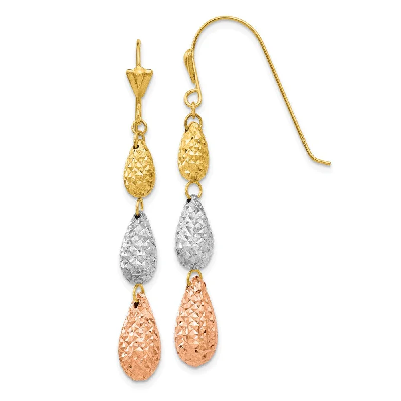 Stylish Drop Earrings-Diamond Cut Triple Teardrop Dangle Earrings in 14k Tri Color Gold