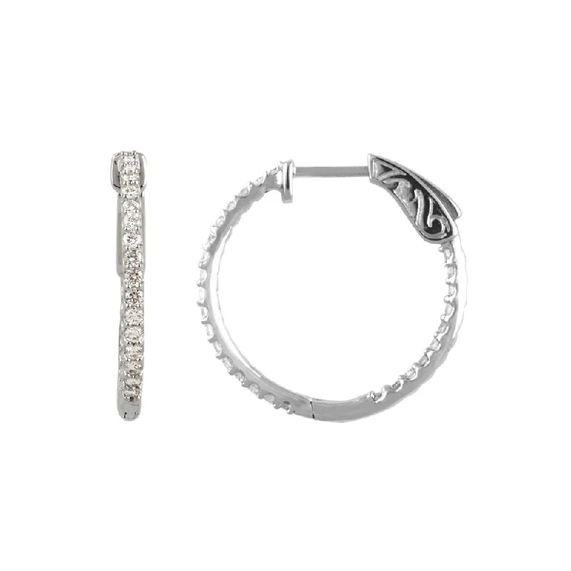 Stylish Earrings for Brides-14k White Gold 23mm Inside Outside Diamond Hinged Round Hoop Earrings