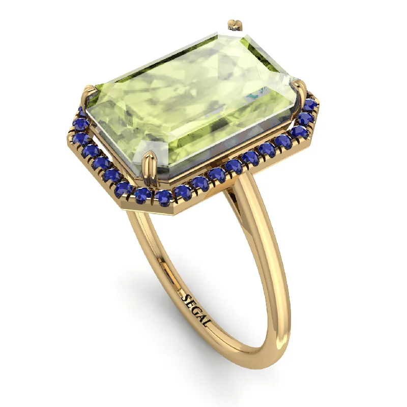 Dainty Wedding Bands-Halo Emerald Cut Peridot Engagement Ring - Izabella No. 713