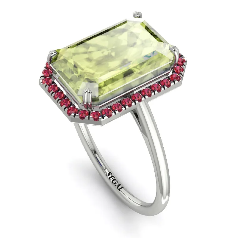 Personalized Gemstone Wedding Rings-Halo Emerald Cut Peridot Engagement Ring - Izabella No. 712