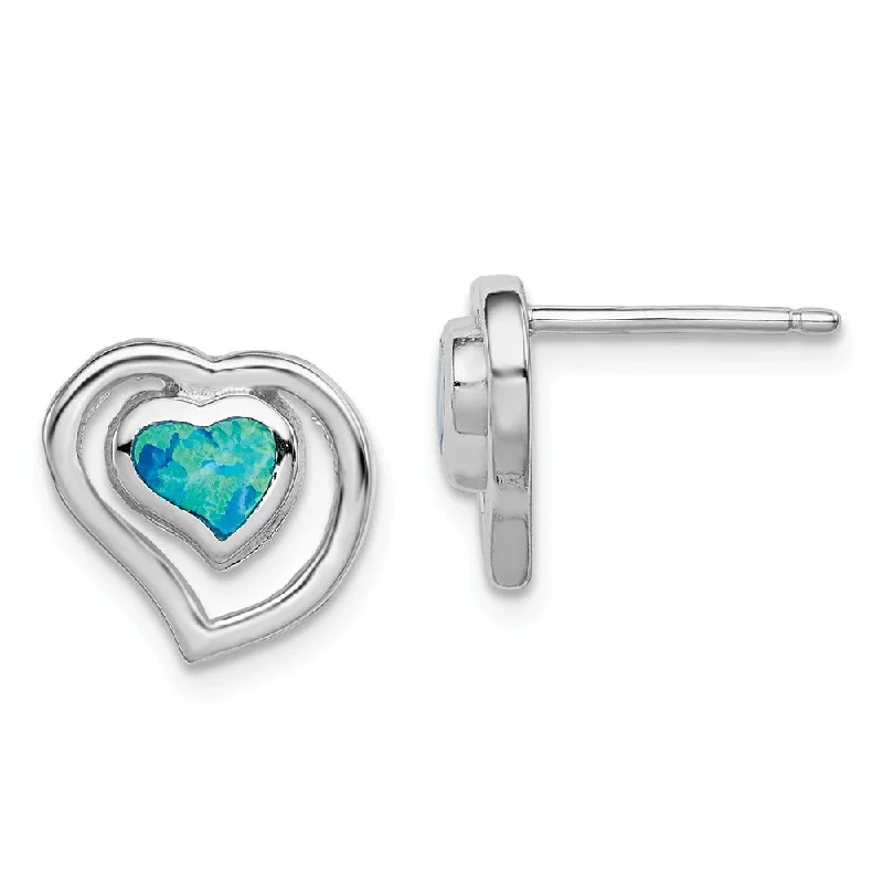 Affordable Silver Earrings-10mm Created Blue Opal Double Heart Post Earrings in Sterling Silver