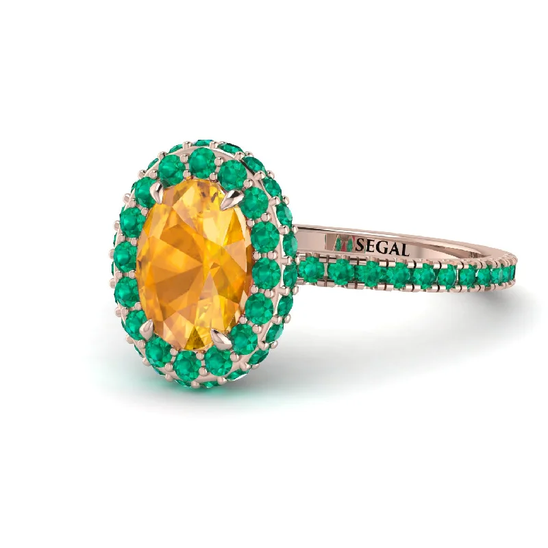 Designer Diamond Wedding Rings-Oval Yellow Diamond Halo Hidden Emeralds Ring - Amy No. 1005