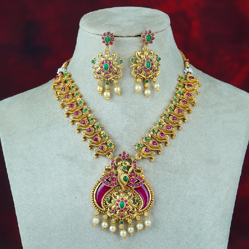 High-Quality Gold Necklaces-Diksha Collection Gold Plated Pota Stone Necklace Set