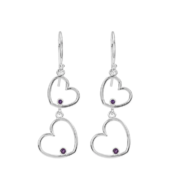 Ethnic Style Earrings-Double Heart Amethyst Dangle Earrings in Sterling Silver