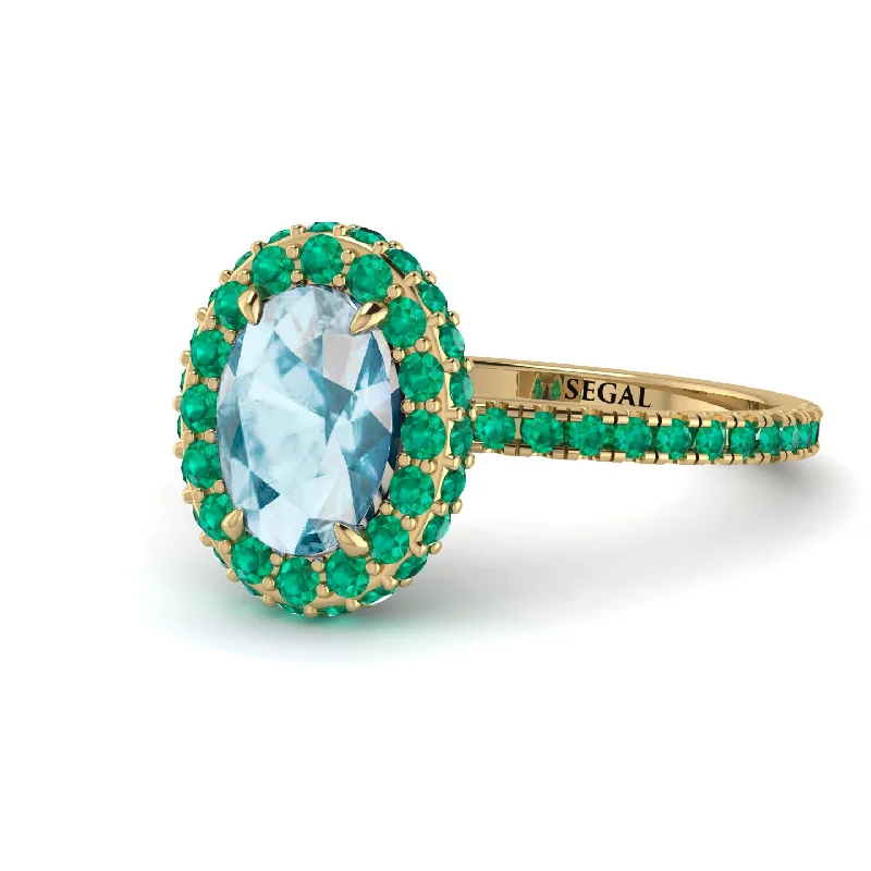 Customizable Rings for Women-Oval Aquamarine Halo Hidden Emeralds Ring - Amy No. 404