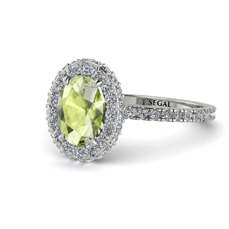 Luxury Gold Wedding Rings-Oval Peridot Halo Hidden Diamonds Ring - Amy No. 703