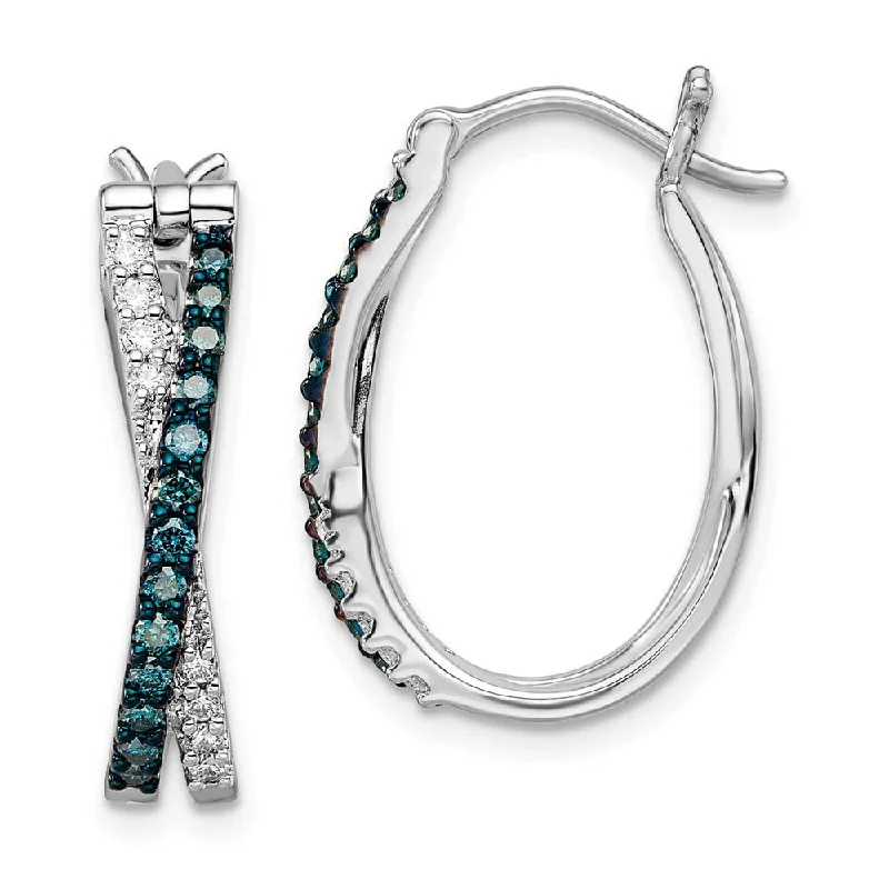 Trendy Silver Earrings-Blue & White Diamond Crossover Hinged Hoop Earrings in Sterling Silver