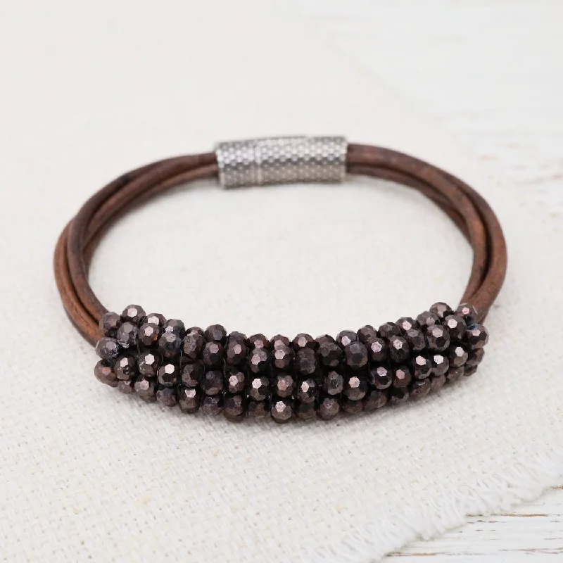 Luxury Leather Bracelets-Hand Stitched Port Crystals on Multi Strands Leather Bracelet