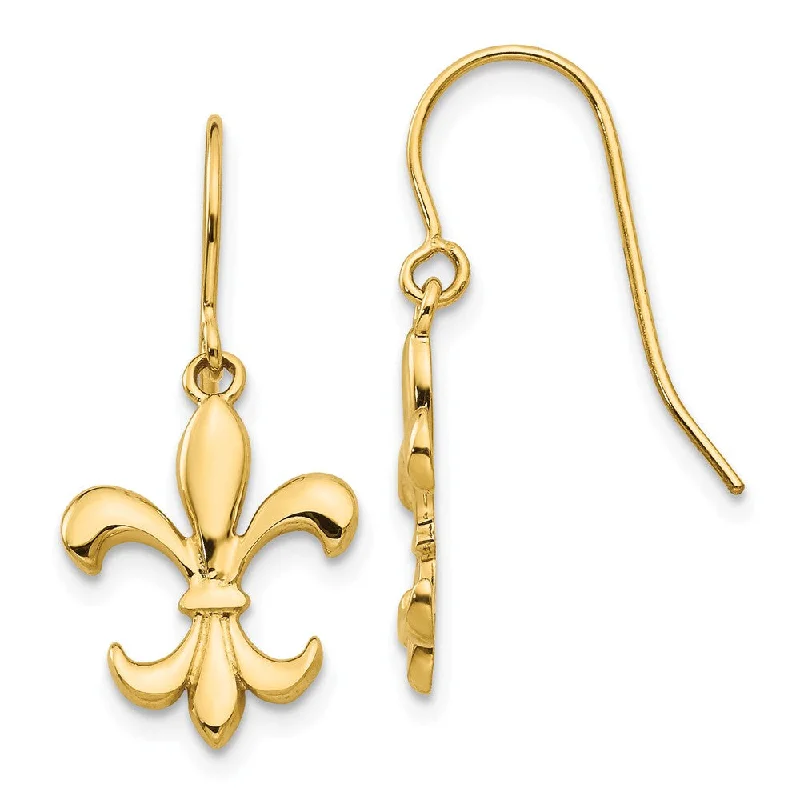 Statement Earrings-Polished Fleur De Lis Dangle Earrings in 14k Yellow Gold