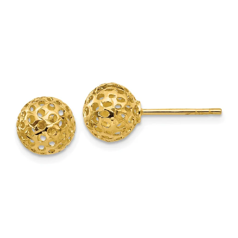 Long Drop Earrings-8mm Diamond Cut Open Ball Post Earrings in 14k Yellow Gold